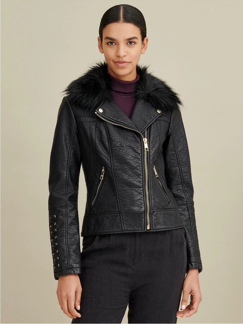 Guess Black Faux Leather Moto Jacket with Removable Fur Collar